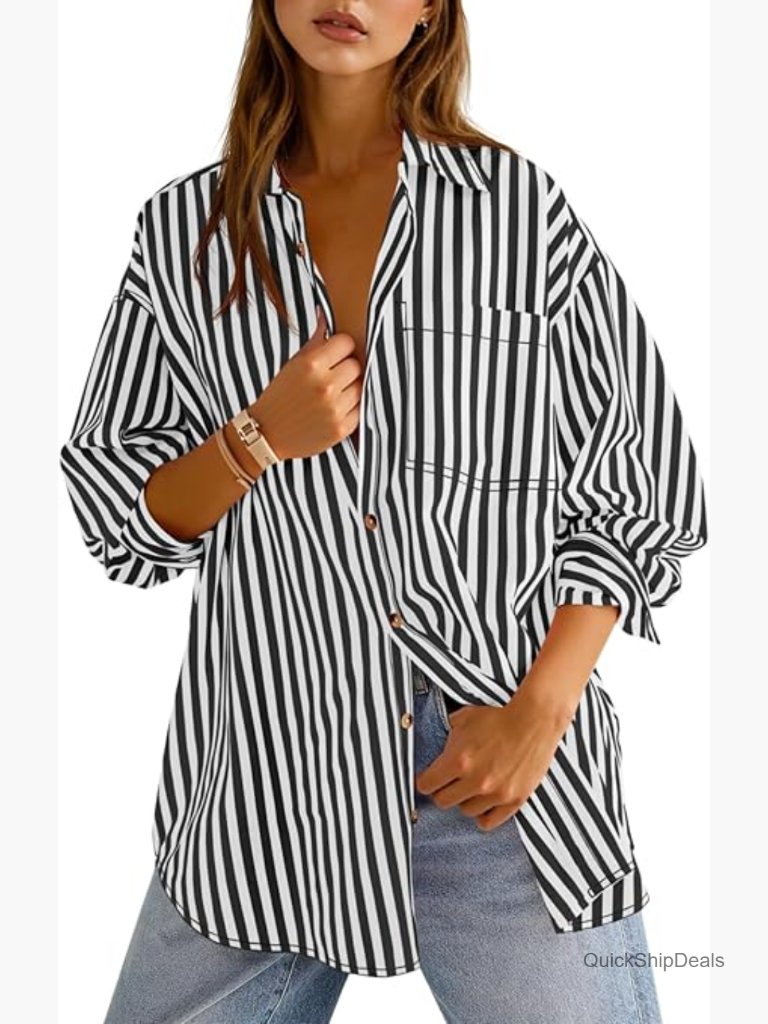 Oversized Striped Button Down Shirt Long Sleeve Blouse Cotton Blend